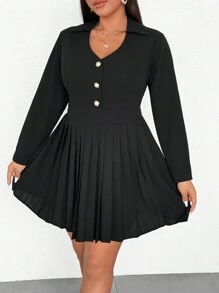 SHEIN Unity Plus Size Women V-Neck Long Sleeve Pleated Dress - Black - View 2