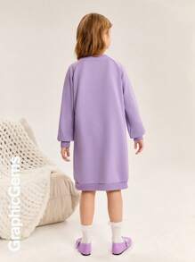 SHEIN Tween Girl' Round Neck Long Sleeve Printed Simple Casual Dress - Mauve Purple - View 2