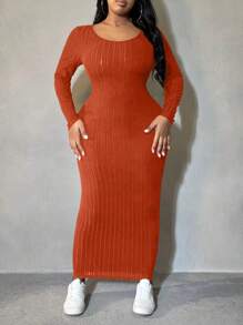 SHEIN SXY Plus Size Solid Color Sweetheart Collar Long Sleeve Casual Long Dress - Rust Brown - View 6