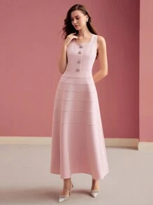 MOTF PREMIUM RHINESTONE FLORAL BUTTON SLEEVELESS DRES,VALENTINE'S DAY OUTFIT, FULL DRESS, FIT AND FLARE - Pink - View 4