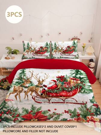 Juego de ropa de cama navideña de 3 piezas, que incluye 1 funda nórdica y 2 fundas de almohada, fabricado con fibra de poliéster 100% hipoalergénico, tela de poliéster, funda nórdica y fundas de almohada sin relleno, con estampado de Papá Noel y trineo, adecuado para dormitorio, dormitorio universitario o viajes en vacaciones