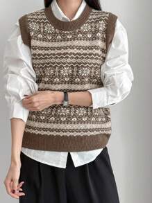 Dazy-Less Women Retro Argyle Knitted Vest,Fall Clothes Christmas,New Year - Brown - View 8