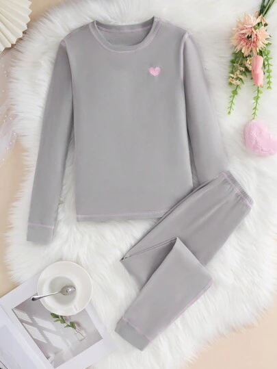 SHEIN 2 件青少年女孩休闲舒适简约浅灰色和粉色配套紧身裤和长袖内衣套装