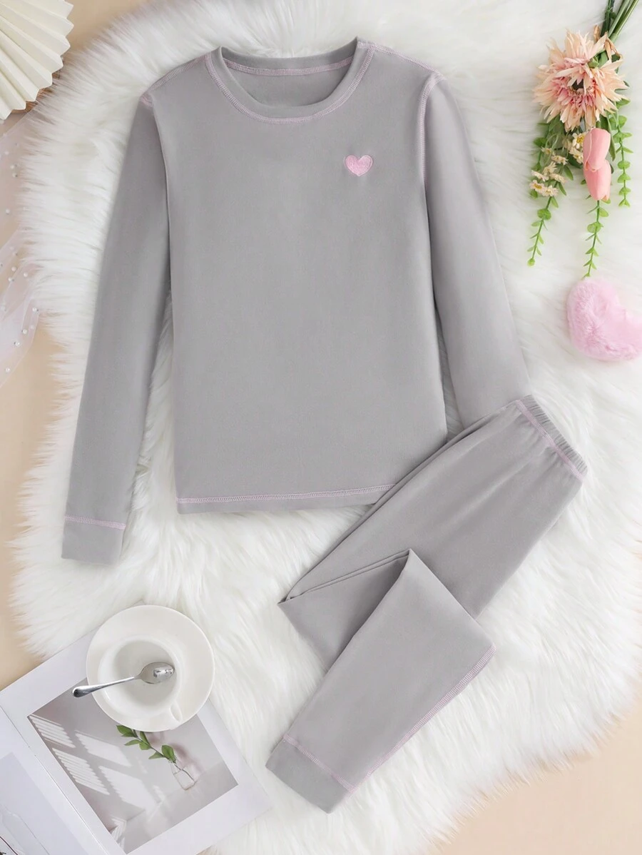 SHEIN 2 件青少年女孩休闲舒适简约浅灰色和粉色配套紧身裤和长袖内衣套装 - 淺灰色 - 查看 1