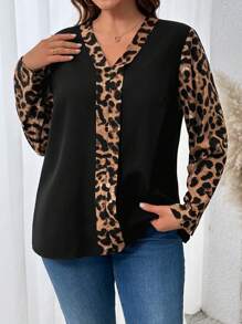 SHEIN Plus Size Solid Color Patchwork Leopard Print Collar Long Casual Regular Shirt, Spring/Autumn - Multicolor - View 6