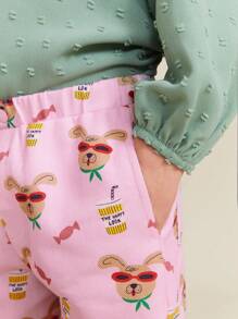 SHEIN Young Girl's Elastic Waist All-Over Print Casual Pants, Suitable For Daily Wear - Pink - View 7