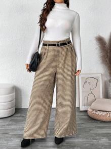 SHEIN VCAY Plus Size Women Woven Check Belted High Waist Straight Leg Pants Barnfit Fashion Work Women Clothes - Brown - View 6