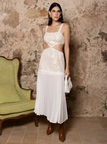 VERO DIAZ Designer Women's White Lace Nude Lined Sleeveless Pleated Chiffon Romantic Wedding Long Dress, Going Out, Spring & Summer, Festival - White - View 1