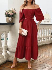 Pariaura 女士方领短袖镂空简约休闲长裙酒红色长款女装