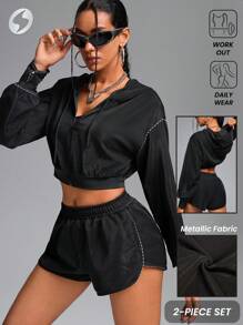 Innovista 金属面料变色运动套装，2件套，秋季外套，女士连帽衫和二合一运动短裤/紧身短裤，塑身短裤，电子产品派对外套，轻薄外套套装，秋季，冬季，外出，黑色拉链连帽衫，必备连帽衫