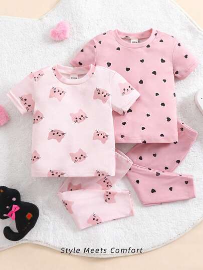 4 件装女婴可爱猫心荷叶边圆领长袖上衣和裤子睡衣套装，柔软舒适