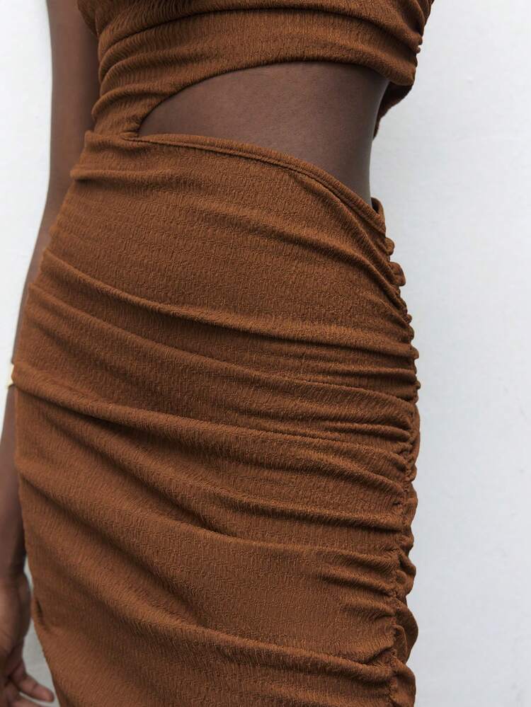 SHEIN Maija Women's Brown Elegant Long Dress, Sleeveless Solid Color Ruched Slim Fit Hollow Out Dress, Suitable For All Seasons Festival