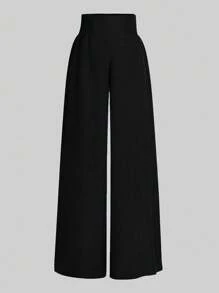 SHEIN LUNE Pantalones anchos con cintura elástica extra para mujeres - Negro - Ver 3