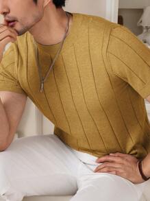 Manfinity Homme Áo thun dệt kim cổ tròn tay ngắn màu trơn thường ngày cho nam - gừng - Xem 6