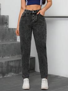 SHEIN Tall High Waist Mid Rise Button-Front Flared Mom Jeans For Women - Black - View 1