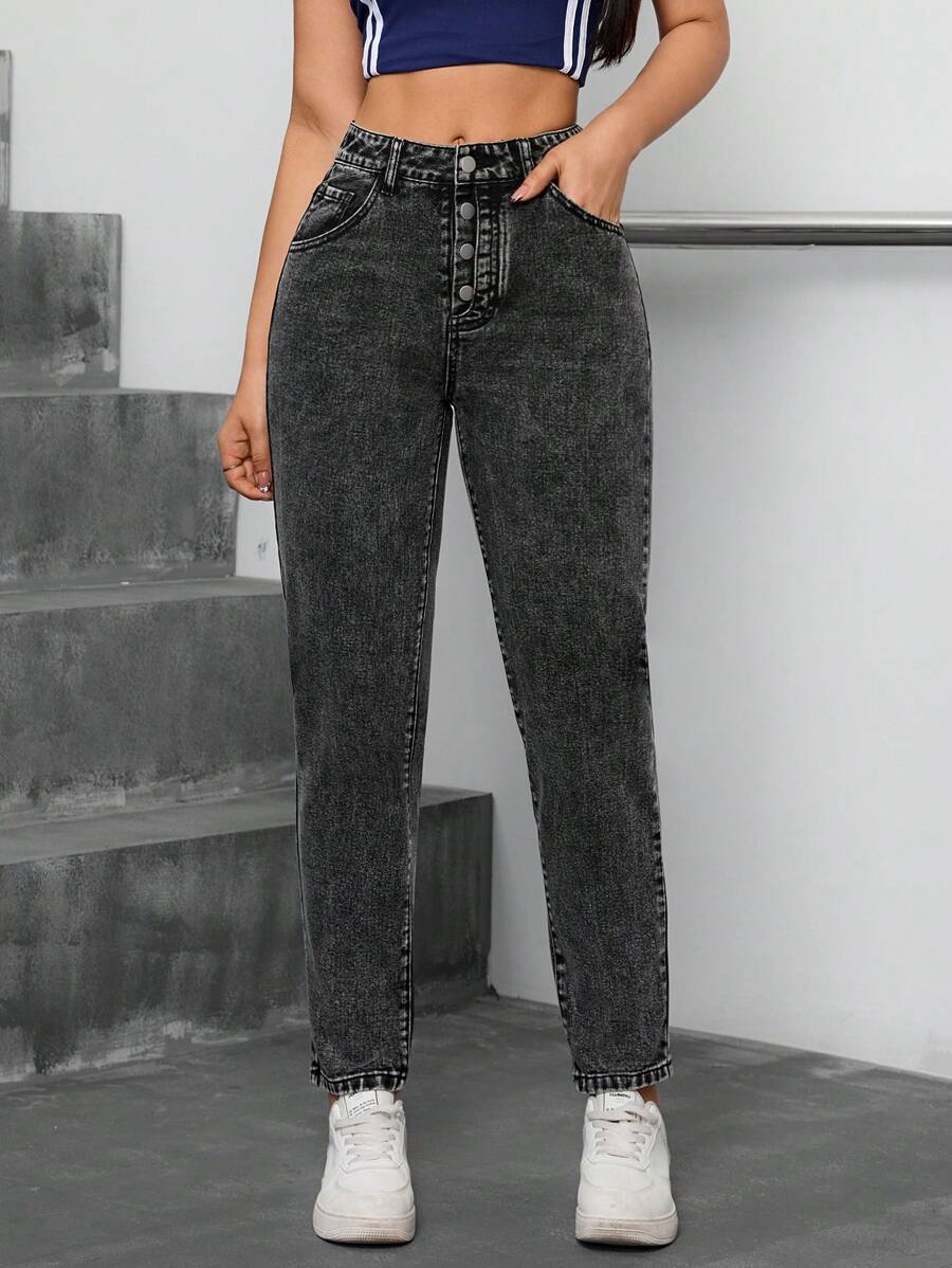 SHEIN Tall High Waist Mid Rise Button-Front Flared Mom Jeans For Women - Black - View 1