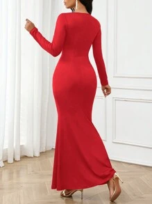 SHEIN Lady Women's V-Neck Long Sleeve Crystal Decor Simple Casual Dress