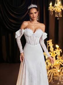 Glamrae Elegante vestido de novia con diseño de manga con volantes y lazo en el hombro, mangas abombadas, con cola y con amarres atrás, adecuado para ocasiones de boda - Blanco - Ver 7