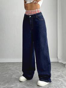 SHEIN SXY Jeans vaqueros de cintura doble a cuadros casuales, apropiados para salir y volver al colegio - Azul - Ver 4