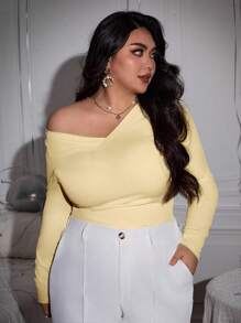 SHEIN Privé 大码女式优雅单肩露肩双款式性感罗纹高弹力面料长袖 T 恤，适合通勤和上学年，秋季 - 杏色 - 查看 1