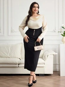 Seusyu Plus Size Women Front Button Long Sleeve Casual Arabian Dress, Solid Color Patchwork - Black and White - View 5