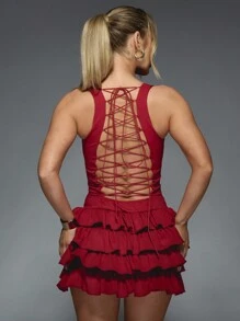 MISSGUIDED Halloween Party Mini Dress With Tiered Ruffle Skirt Square Neck Lace Up Back Design Bodycon Fit Evening Holiday Glamour Statement - Burgundy - View 2