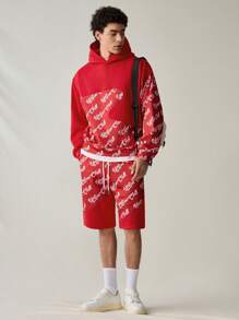 Manfinity VCAY 2pcs/Set Men's Knitted Casual Patchwork Loose Hooded Long Sleeve Sweatshirt And Drawstring Waist Straight Shorts Suit