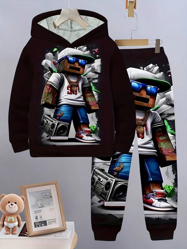 Young Boy Pixelated Graphics Hoodie & Pants 2Pcs Set, Casual Sports Running Streetwear Suit For Autumn/Winter