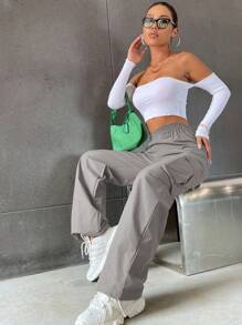 SHEIN Unity 側翻蓋口袋工裝褲 - 淺灰色 - 查看 5