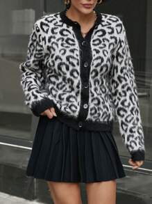 EURMUSE 女式豹纹撞色长袖针织开衫，秋冬