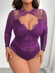 SHEIN Privé Plus Size Women Elegant Netted Lace Patchwork Underwire Bodysuits, Stretchy Sexy For Date, Party, All Season