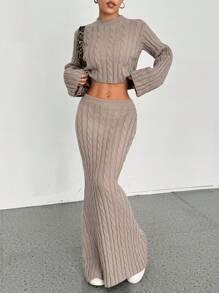 EgrlEra Women Twist Pattern Casual Round Neck Pullover Long Fish Tail Skirt Knitted 2 Pieces Set Fall Cloth For Women - Khaki - View 1