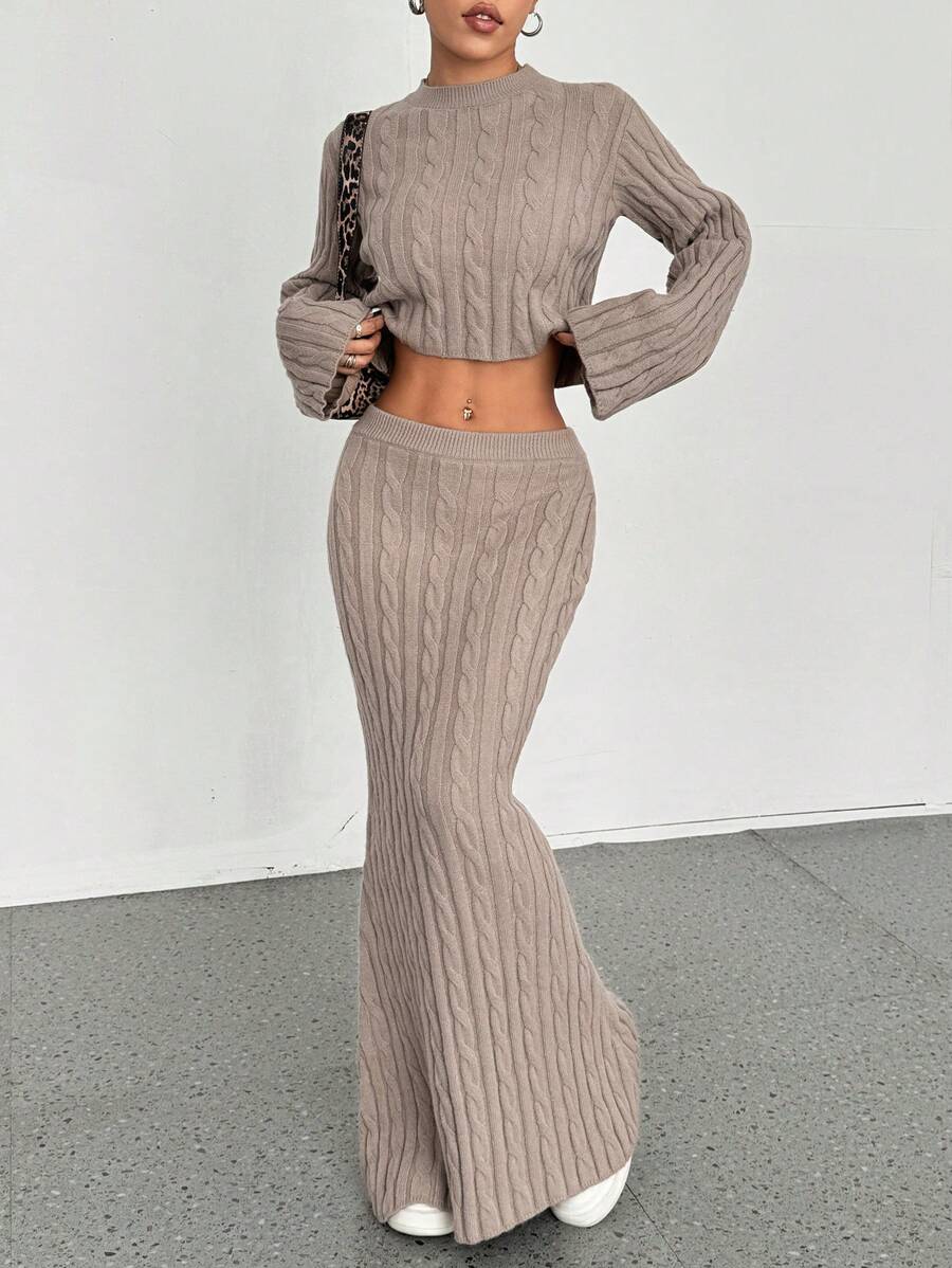 EgrlEra Women Twist Pattern Casual Round Neck Pullover Long Fish Tail Skirt Knitted 2 Pieces Set Fall Cloth For Women - Khaki - View 1