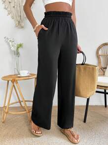 SHEIN PETITE Women's Paper Bag Waist Straight Trousers