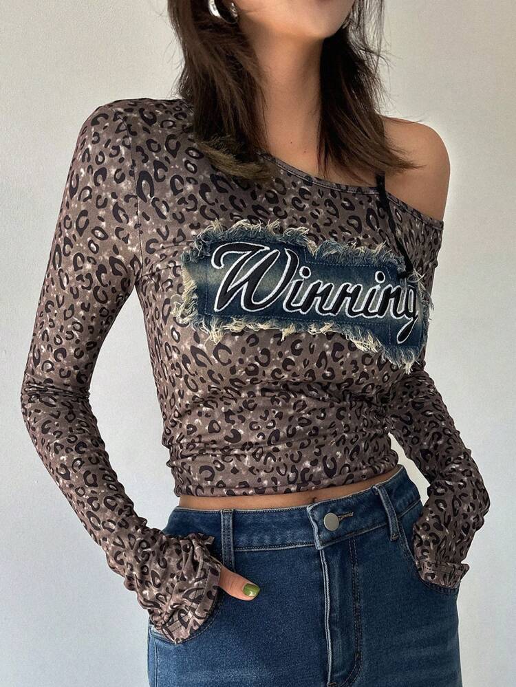Women Leopard Print Asymmetrical Neck Long Sleeve T-Shirt Cheetah Print