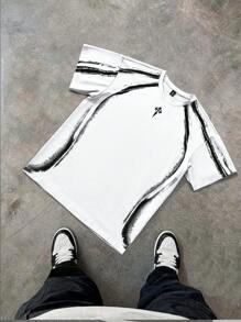 PAVTROS Manfinity Streetrush Streetrush Men's Contrast Color Print Round Neck Short Sleeve T-Shirt Men Y2k Clothes Men Outfit Men Black Outfit,Halloween,Halloween Party,Streetwear