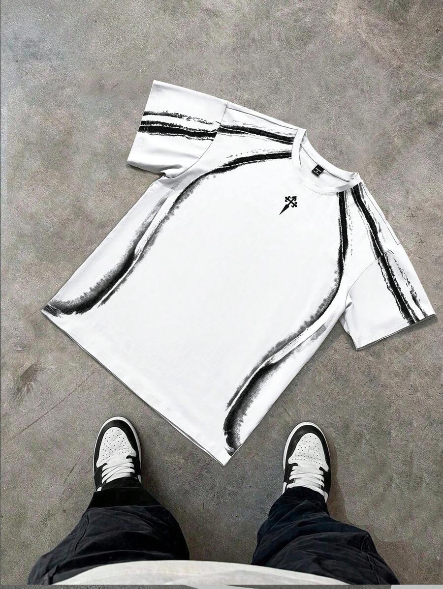 PAVTROS Manfinity Streetrush Streetrush Men's Contrast Color Print Round Neck Short Sleeve T-Shirt Men Y2k Clothes Men Outfit Men Black Outfit,Halloween,Halloween Party,Streetwear