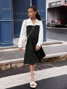 SHEIN Explorewe Tween Girl Elegant Black And White Dress,Chic Versatile Silhouette For School,Back-To-School,Autumn,Skin-Friendly Fitted Fashion Dress For Outings - Black and White - View 6