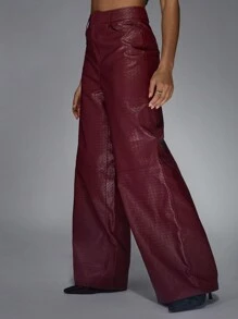 MISSGUIDED Quần ống rộng giả da sang trọng cạp cao Quần dệt kim đan rổ có họa tiết Quần thời trang Palazzo thu đông Trang phục chuyên nghiệp Tiệc tối Giáng sinh - Màu Đỏ Sâu - Xem 1