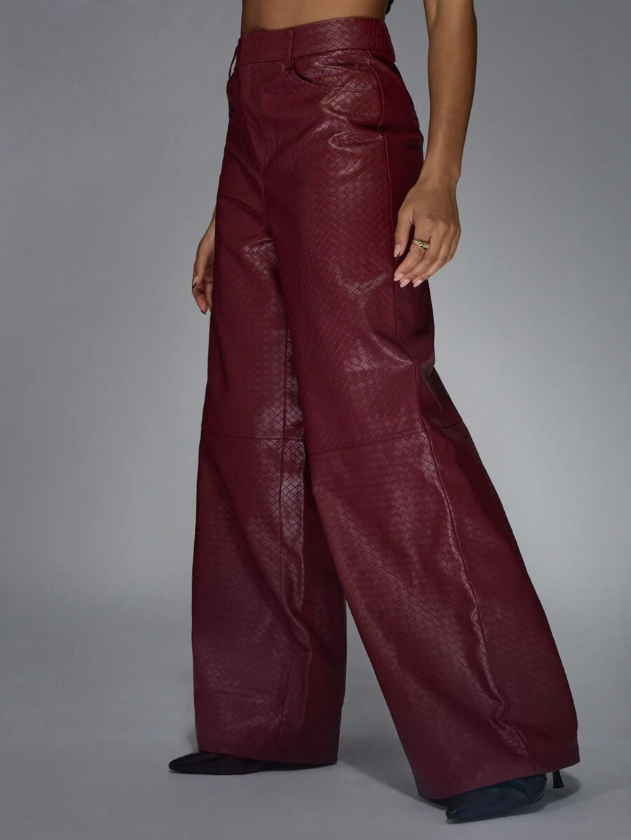 MISSGUIDED Quần ống rộng giả da sang trọng cạp cao Quần dệt kim đan rổ có họa tiết Quần thời trang Palazzo thu đông Trang phục chuyên nghiệp Tiệc tối Giáng sinh - Màu Đỏ Sâu - Xem 1