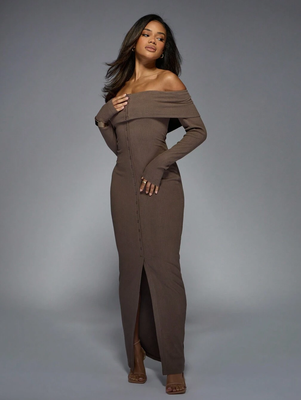 long sleeve ribbed dress with buttons MISSGUIDED Ribbed Knit Maxi Dress With Button Front Detail｜MISSGUIDED