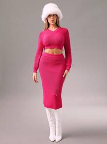 Zolique 2pcs Set Women Hot Pink Magenta Sweater & Skirt,Hem Hole Tassel Rib Knit Sweater Suit,Autumn Girly Club Night New Years Holiday Party Outfits - Hot Pink - View 3