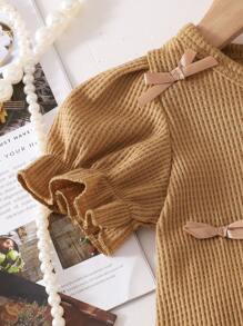 SHEIN Playful Pals 2 件套女婴卡通熊装饰开衫上衣和格子百褶裙套装，夏季 - 棕色 - 查看 7