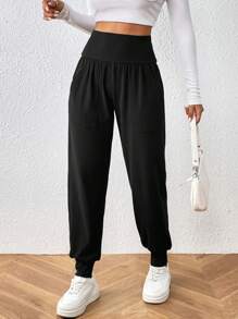 SHEIN LUNE 優雅女式高腰束口運動褲,帶口袋