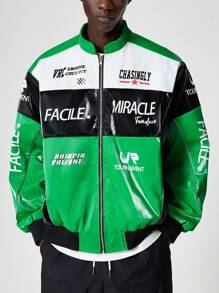 ROMWE MEN Street Life Men's Racing Autumn Letter Print PU Leather Long Sleeve Casual Racing Jacket, Green - Green - View 4