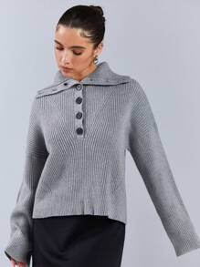 Athîral 1 件女士休闲纯色半纽扣毛衣，秋冬 - 灰色 - 查看 5