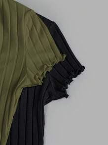 SHEIN EZwear 女士 2 件套休闲简约纯色罗纹针织生菜边紧身连体衣，夏季