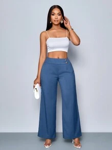 SOLERSUN Calça Pantalona Elegante Azul com Detalhe de Botão na Cintura para Mulheres - Azul - Visão 3