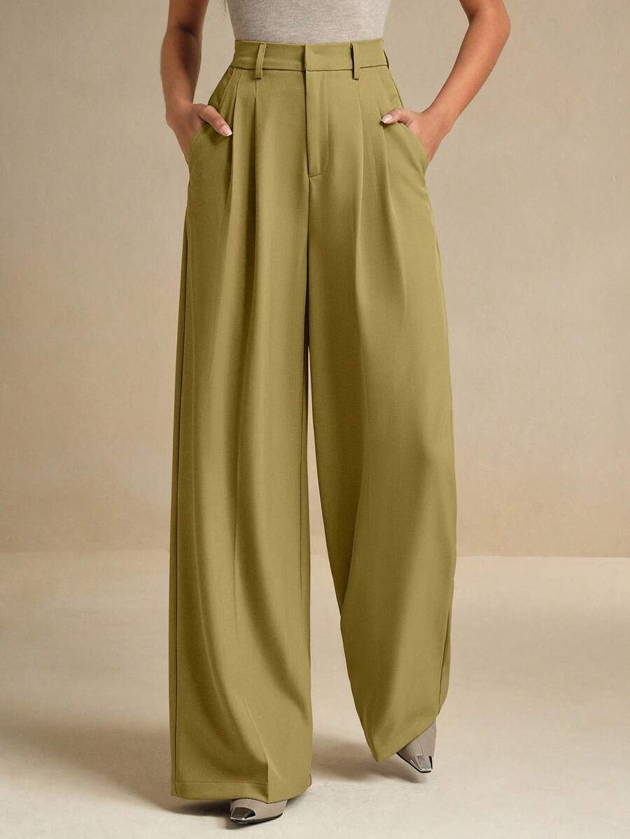 Anewsta Fashionable Minimalist Solid Color Wide Leg Work Pants - Mustard Yellow - View 1
