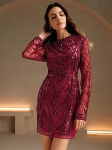 Anewsta 女士亮片装饰休闲性感露背长袖圆领节日连衣裙 - 酒紅色 - 查看 7